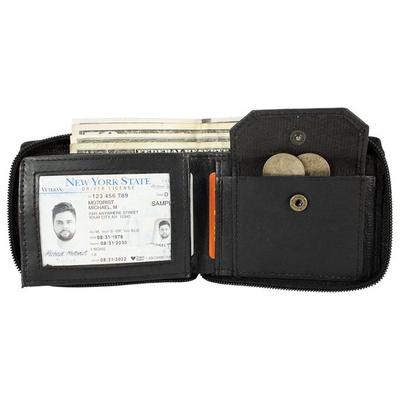 Men Wallet Leather ID Money Organizer Zipper Closure Black Bifold Wallet - Picture 4 of 14